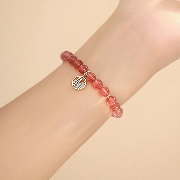 Bransoletka z Buddha Stones 14K pozłacana kwarcem truskawkowym Fu Character Healing Charm