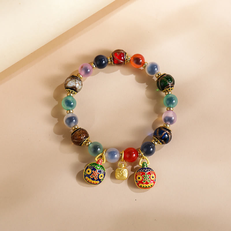 Buddha Stones Kolorowe Cukierki Agat Złoty Połykający Bestia Rodzina Liuli Szklane Koraliki Siła Bransoletka