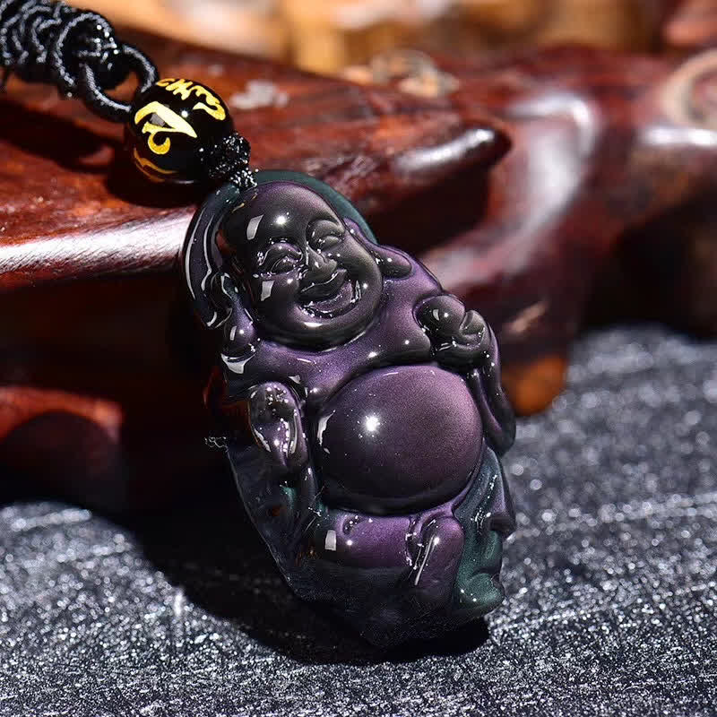 Naturalny tęczowy obsydianowy naszyjnik z wisiorkiem „Śmiejący się Budda” - image 3