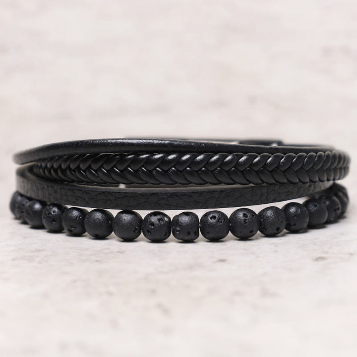 Bransoletka skórzana z Buddha Stones Natural Lava Rock Black Onyx Bead