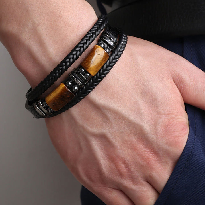 Bransoletka ze skóry wielowarstwowej z zapięciem magnetycznym i Buddha Stones Tiger Eye Power