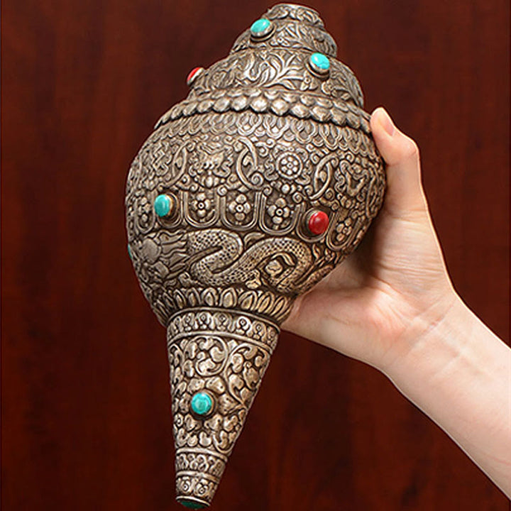 Tybetańska ręcznie robiona naturalna Shankha z ośmioma pomyślnymi symbolami, muszla Conch, szczęśliwa dekoracja domu