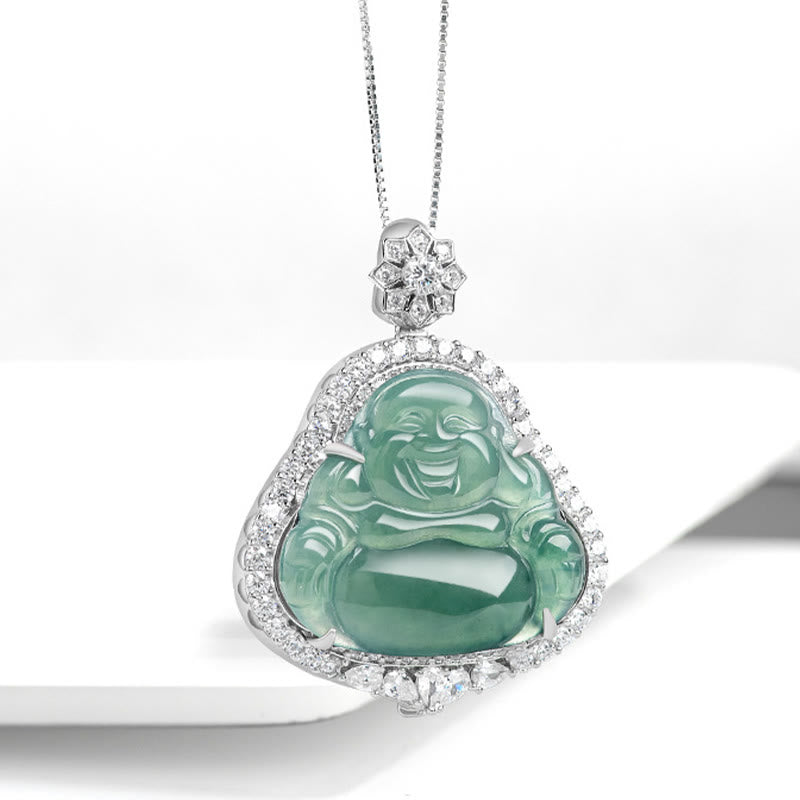 Buddha Stones 925 Srebro Sterlingowe Śmiejący się Budda Naturalny Jadeit Szczęście Obfitość Naszyjnik Łańcuch Wisiorek - image 2
