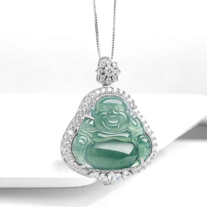 Buddha Stones 925 Srebro Sterlingowe Śmiejący się Budda Naturalny Jadeit Szczęście Obfitość Naszyjnik Łańcuch Wisiorek - image 2