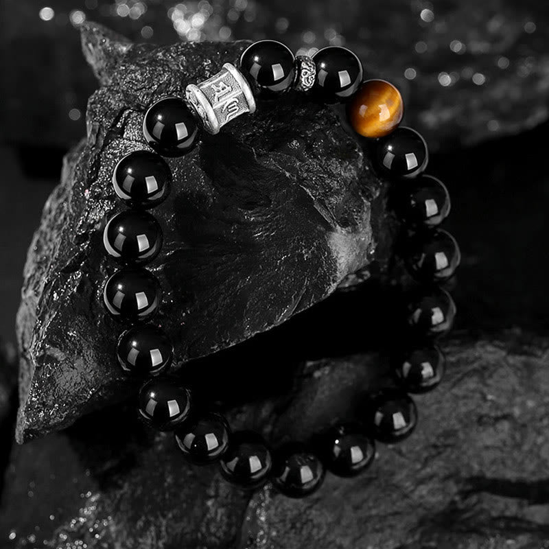 Buddha Stones 999 Srebro Sterlingowe Czarny Obsydian Tygrysie Oko Bransoletka Spełnienie Om Mani Padme Hum