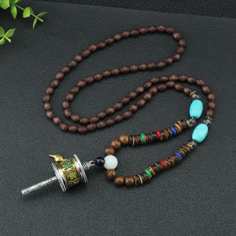 Buddha Stones Tybetańskie Om Mani Padme Hum Modlitewne Koło Obrotowe Naszyjnik Wisiorek z Drewna Vajra - image 4