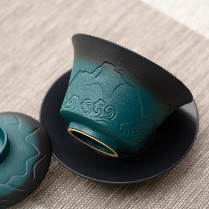 Buddha Stones Retro Niebieski Ocean Fale Morskie Gradient Ceramiczny Gaiwan Sancai Filiżanka Kung Fu Filiżanka I Spodek Z Pokrywką