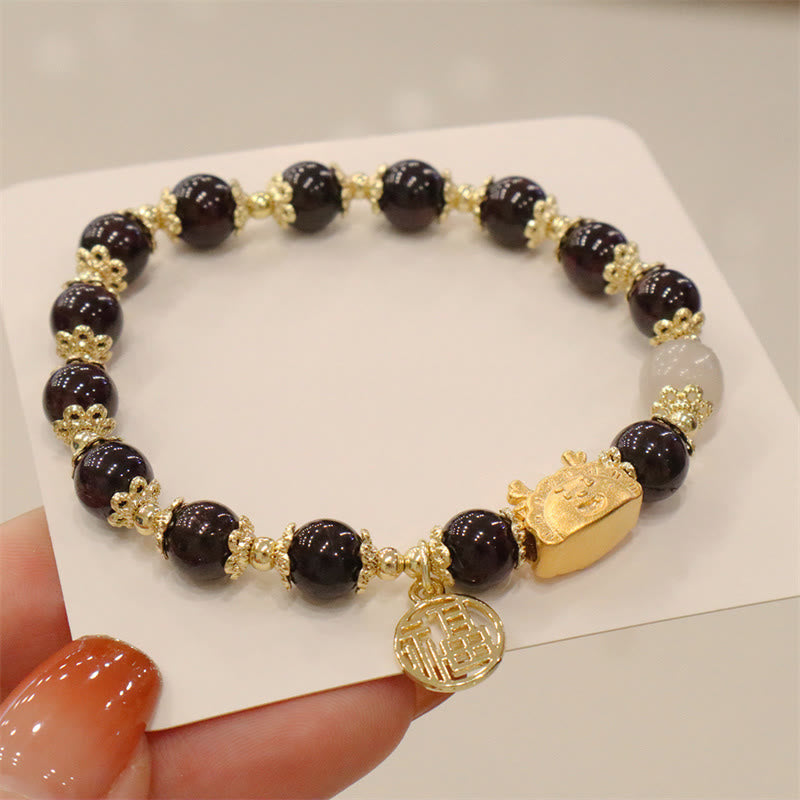 Buddha Stones Rok Smoka Czerwony Agat Kwarc Truskawkowy Czarny Obsydian Jadeit Granat Perła Cynober Pierożek Smok Szczęście Fu Bransoletka - Granat (obwód nadgarstka 14-19 cm) - image 24