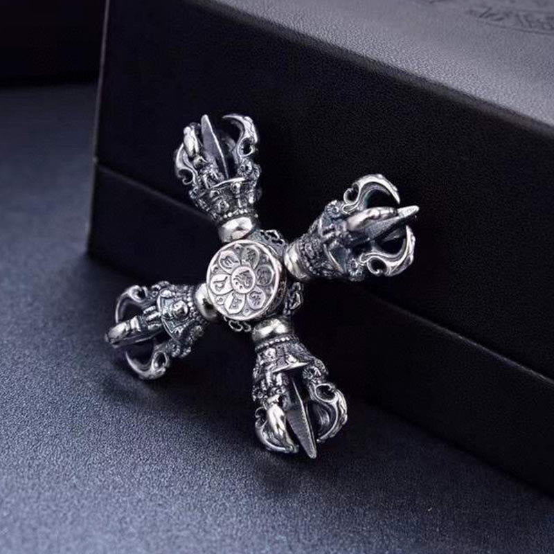 Buddha Stones Tybetańskie 925 Srebro Podwójne Dorje Wadżra Grawerowane Wisiorki Mocy Duchowej - Pionek do gry ręcznej 51*50mm - image 0