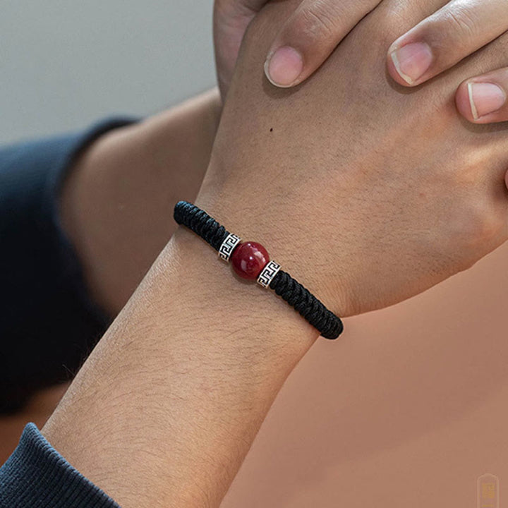Buddha Stones 925 Srebro Sterling Naturalny Koralik Cynobru Spokojna Ręcznie Robiona Bransoletka Z Plecionego Sznurka