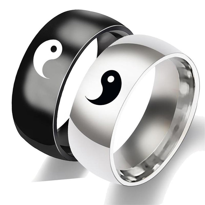 Pierścionek dla par z Buddha Stones Yin Yang Balance ze stali tytanowej