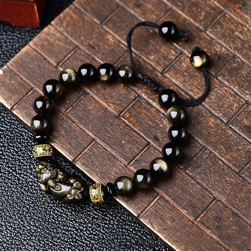 Buddha Stones Naturalny złoty połysk Obsydian PiXiu Om Mani Padme Hum Bogactwo pleciona bransoletka