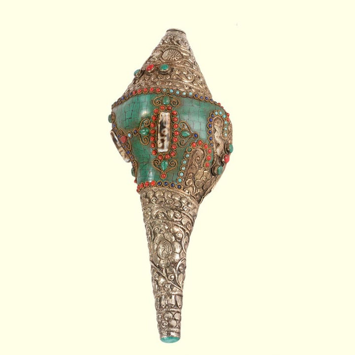 Tybetański ręcznie grawerowany Shankha Double Dorje Budda Conch Shell Wealth Pozytywna dekoracja
