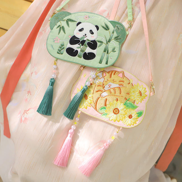 Haft Buddha Stones Szczęśliwa Panda Kot Shiba Inu Jeleń Królik Lis Kwiat Urocze Zwierzę Hanfu Torba Torebka Crossbody Torba Na Ramię
