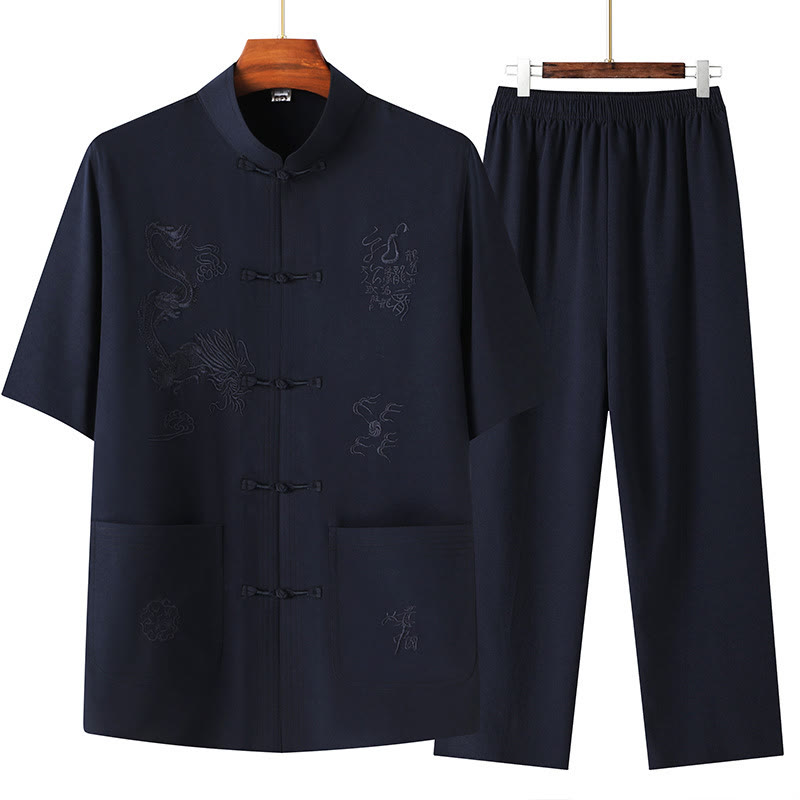Buddha Stones Tang Suit Hanfu Chiński Smok Tradycyjny Kung Fu Jednolity Krótki Rękaw Topy i Spodnie Odzież Męska Zestaw - Granatowy - US/UK/AU44， EU54 (4XL) - image 0