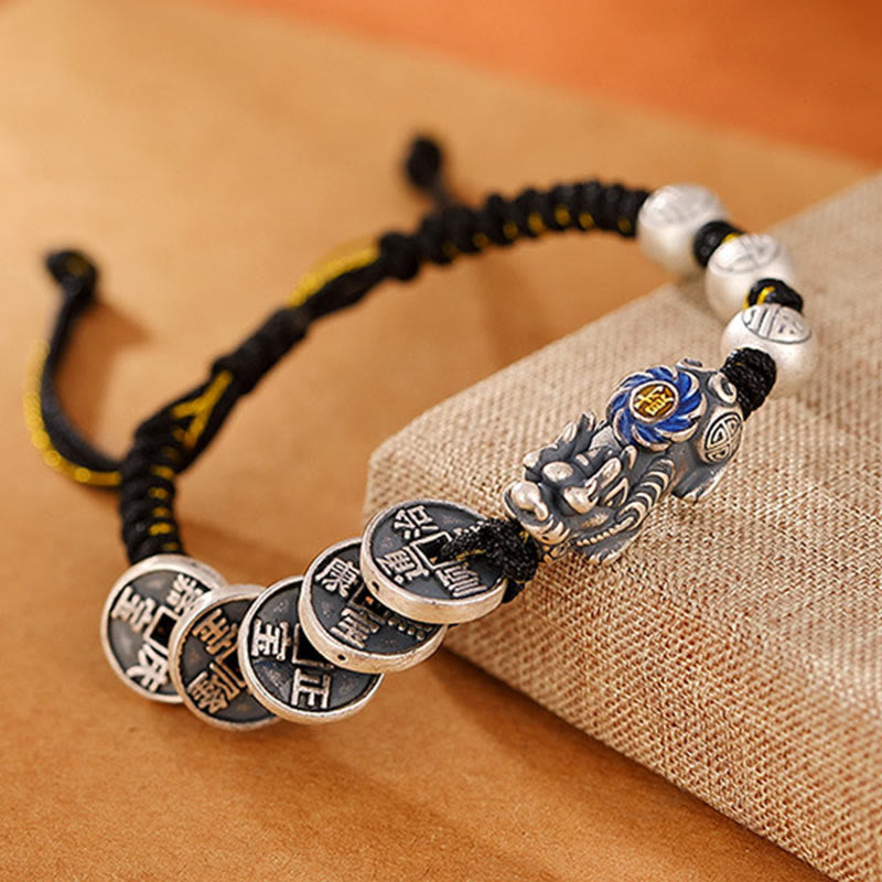 Buddha Stones 999 Srebro Sterlingowe FengShui PiXiu Miedziana Moneta Fu Charakter Bogactwo Bransoletka Pleciona
