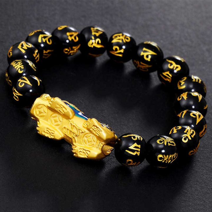 FengShui PiXiu Obsidian Om Mani Padme Hum Bransoletka Bogactwa