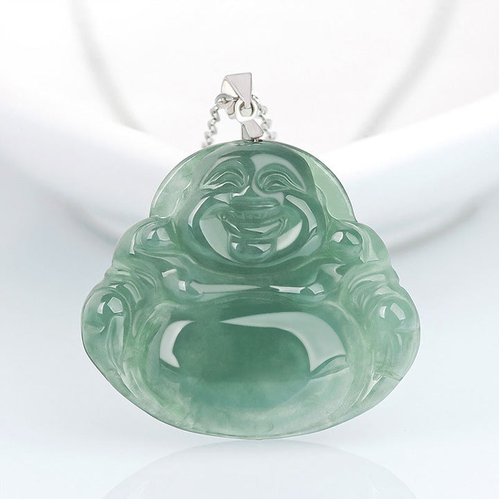 Naszyjnik z Buddha Stones Śmiejący się Budda z jadeitu, ochrona spokoju, stal tytanowa, łańcuszek - Jadeit - image 0