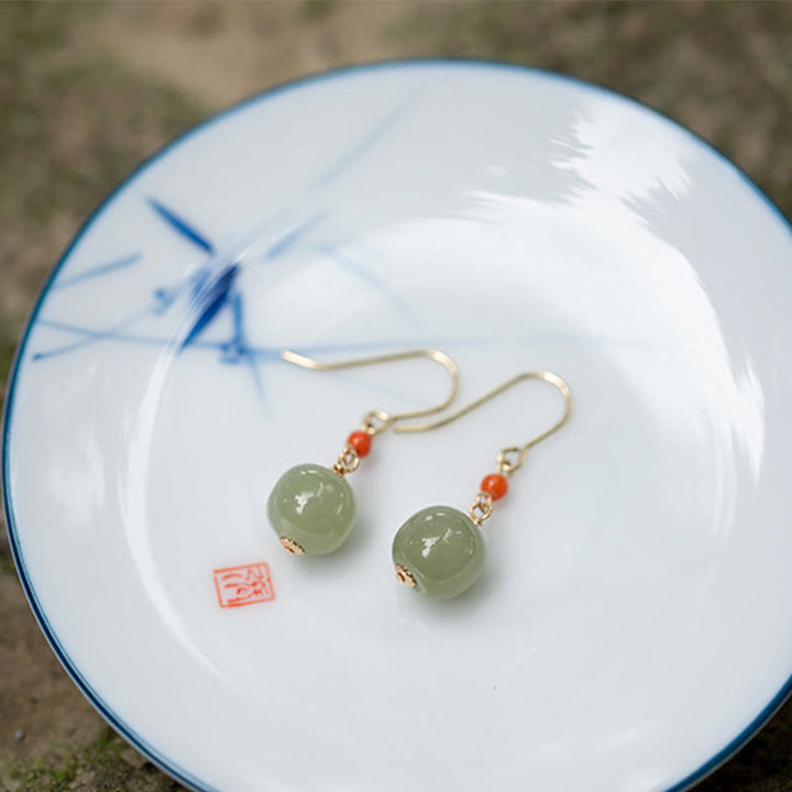 Kolczyki wiszące z Buddha Stones, 925 srebro próby 925, 14-karatowe złoto, jadeit hetian, czerwony agat, szczęście - image 5