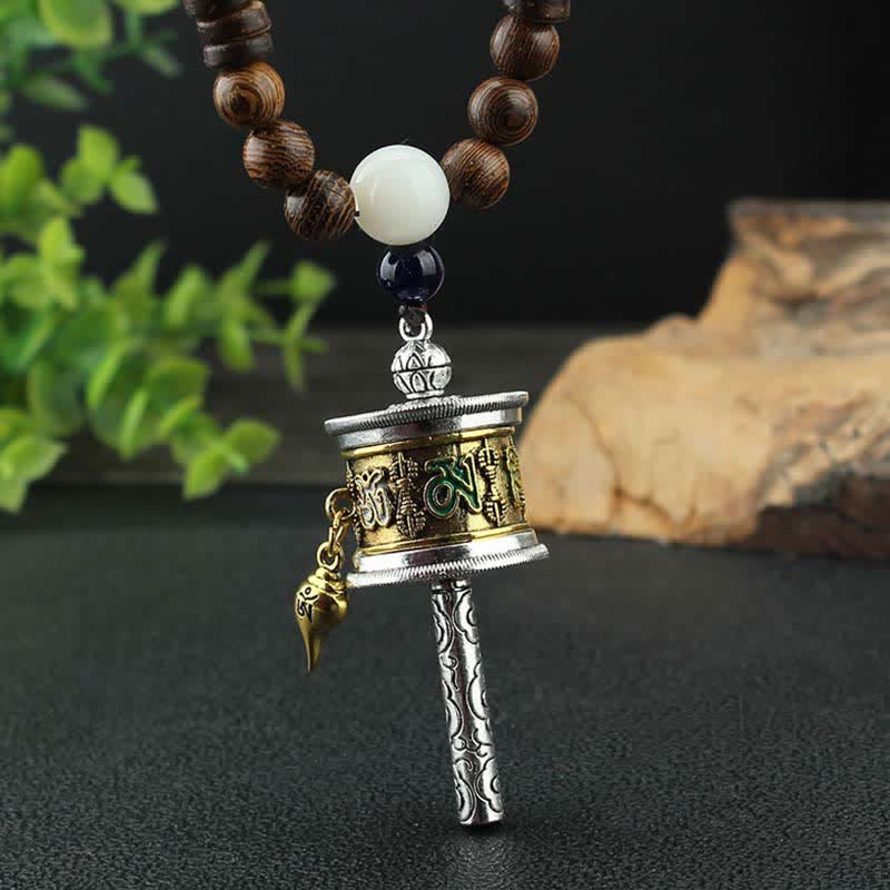 Buddha Stones Tybetańskie Om Mani Padme Hum Modlitewne Koło Obrotowe Naszyjnik Wisiorek z Drewna Vajra - image 1