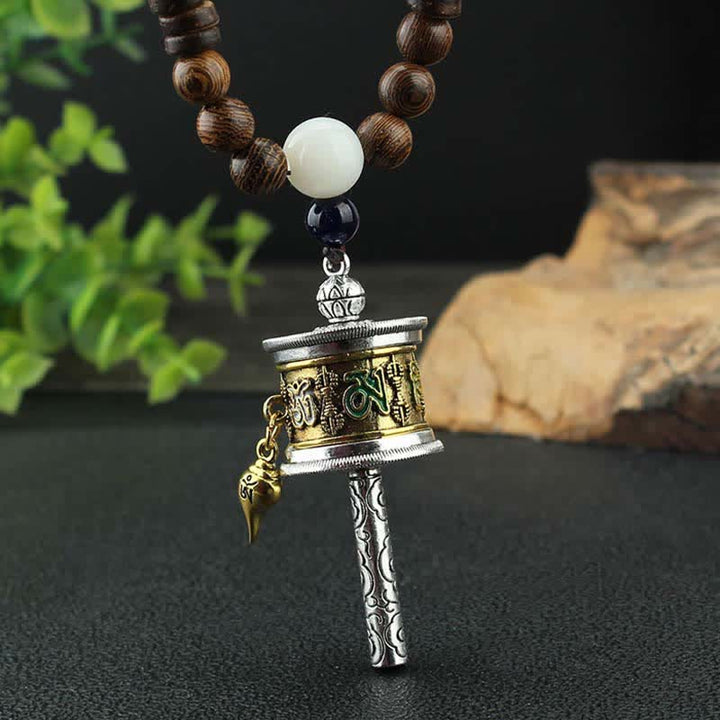 Buddha Stones Tybetańskie Om Mani Padme Hum Modlitewne Koło Obrotowe Naszyjnik Wisiorek z Drewna Vajra - image 1