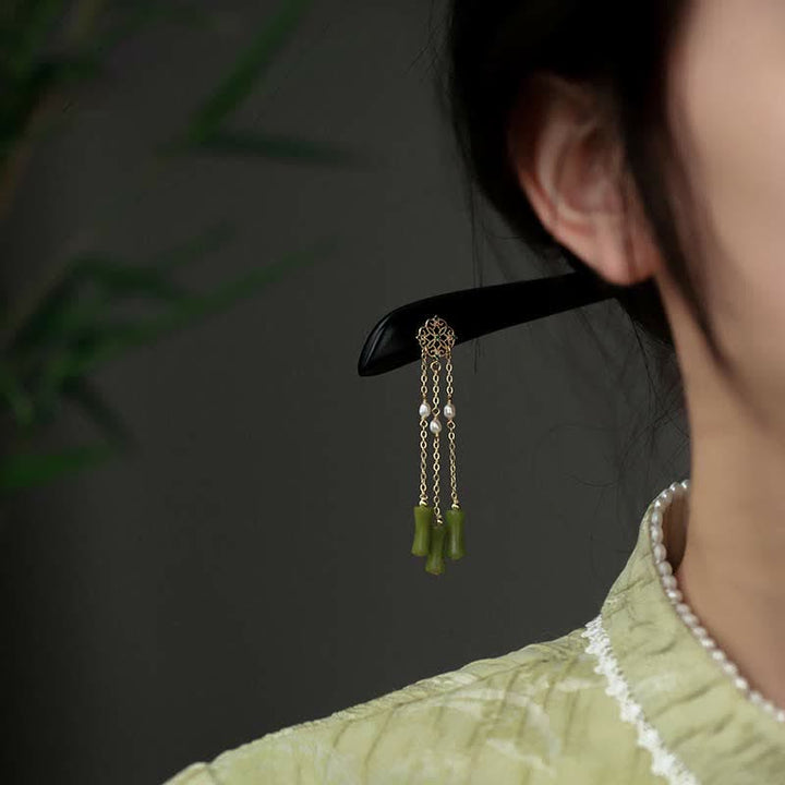 Buddha Stones Naturalny Peridot Drewno Hebanowe Miłość Frędzle Spinka Do Włosów