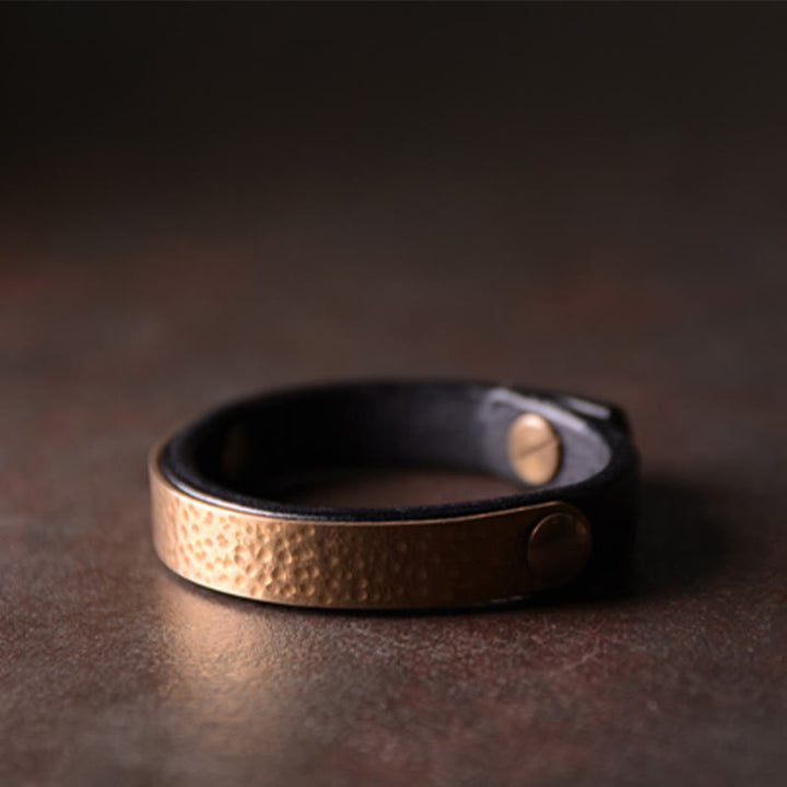 Buddha Stones Vintage Ręcznie Robione Tekstura Miedź Mosiądz Skóra Bogactwo Bransoletka Bangle