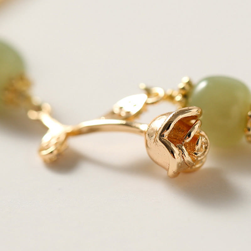 Bransoletka z łańcuszkiem szczęścia z Buddha Stones 14K pozłacana jadeitem hetian i złotą różą