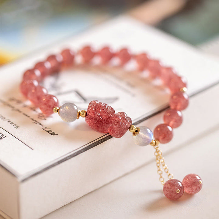 Buddha Stones Naturalny Kwarc Truskawkowy Kamień Księżycowy PiXiu Love Healing Bransoletka