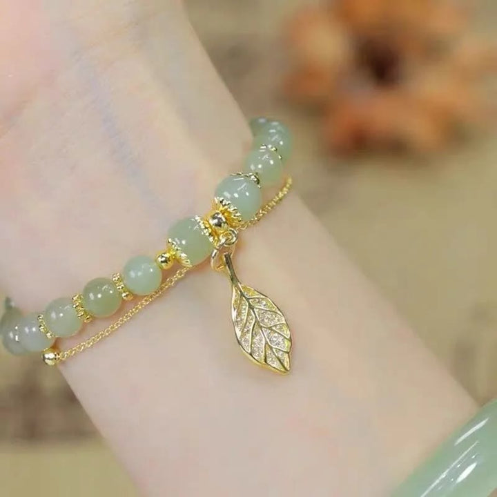 Buddha Stones Jade Liść Miłorząb Tulipan Orzeszek Fu Charakter Szczęścia Bransoletka Koralikowa