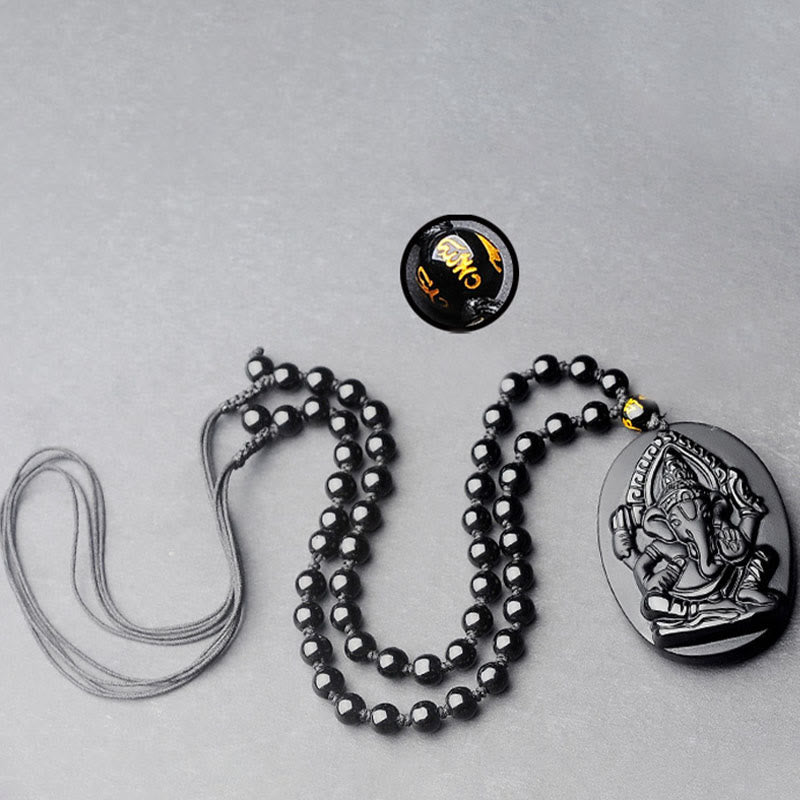 Buddha Stones Tybetański Obsydian Ganesh Ganpati Słoń Bogactwo Amulet Naszyjnik