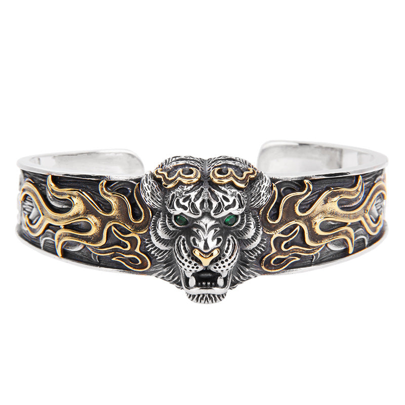 Buddha Stones 925 Srebro Sterlingowe Chiński Zodiak Tygrys Trzymający Z dala Złe Duchy Bransoletka Bangle