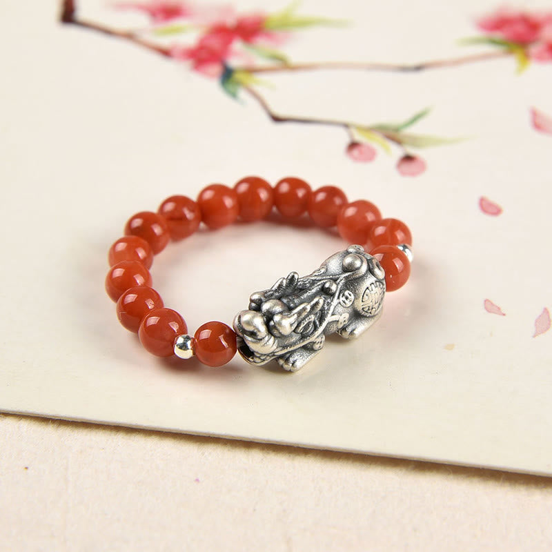 Buddha Stones 925 Srebro Sterling Naturalny Granat Kamień Księżycowy Czerwony Agat Pierścień PiXiu Wealth