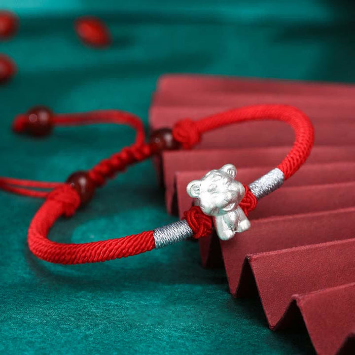Buddha Stones 999 Srebro Sterling Chiński Zodiak Szczęście Siła Bransoletka z Czerwonego Sznurka