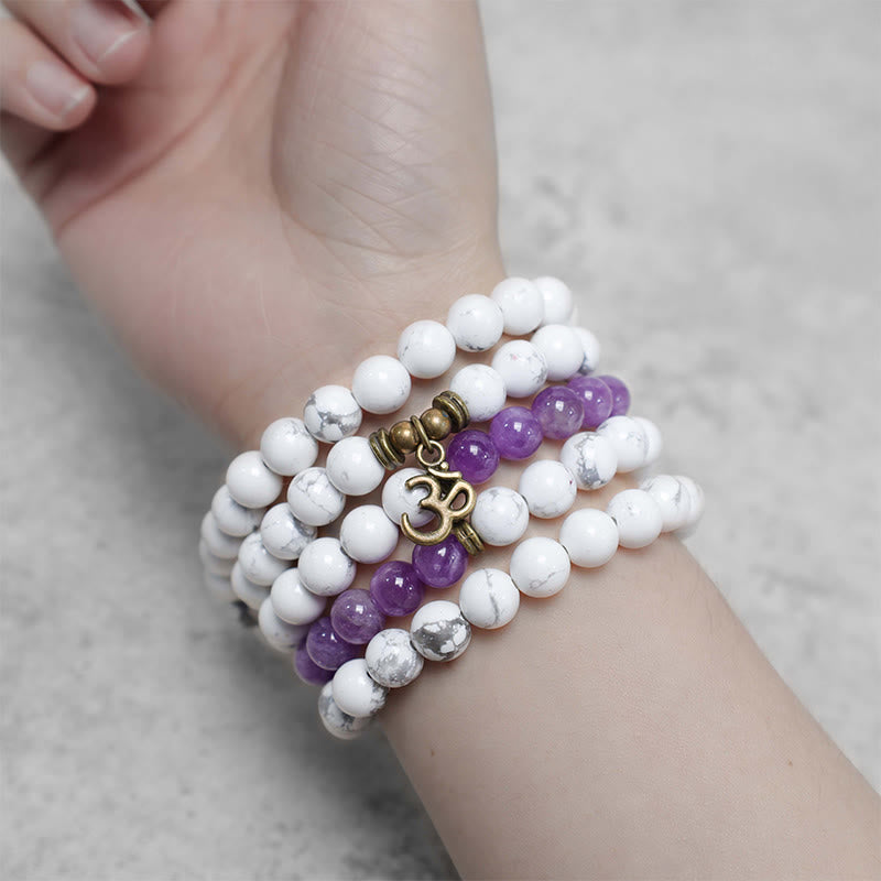Buddha Stones 108 Mala Beads Ametyst Biały Turkus OM Healing Medytacja Energia Bransoletka
