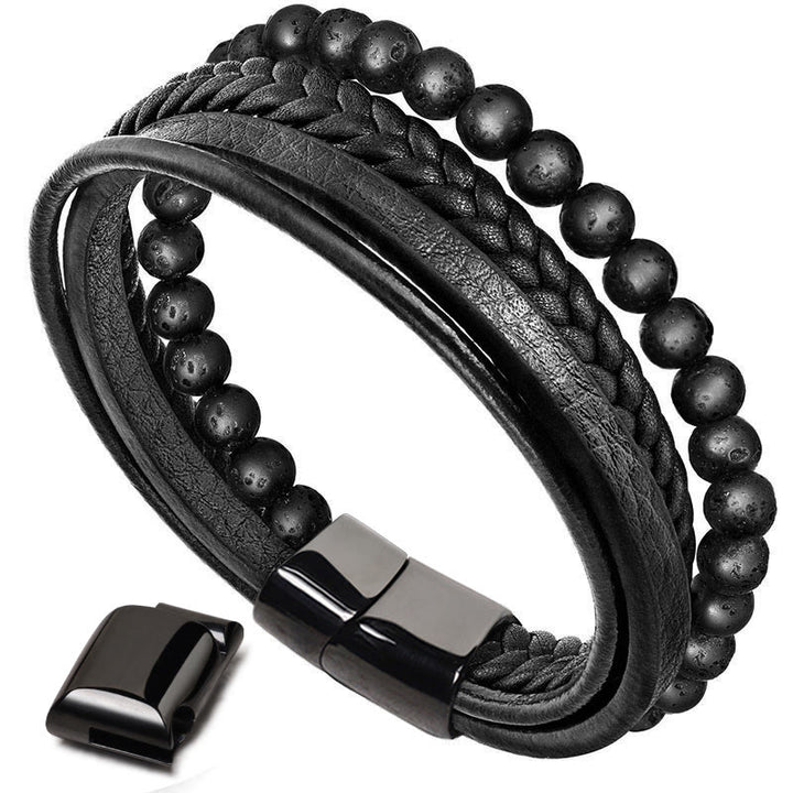 Bransoletka skórzana z Buddha Stones Natural Lava Rock Black Onyx Bead