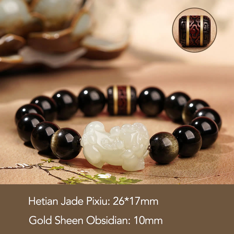 Buddha Stones Naturalny Złoty Połysk Obsydian Hetian Cyjan Jadeit Biały Jadeit Bransoletka PiXiu Wealth