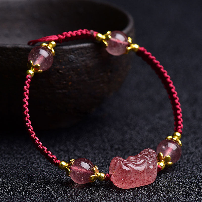 Buddha Stones Naturalny Kryształ Truskawkowy PiXiu Charm Bransoletka Szczęście Czerwony Sznurek