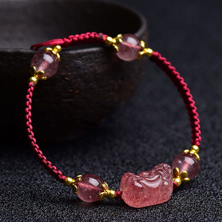 Buddha Stones Naturalny Kryształ Truskawkowy PiXiu Charm Bransoletka Szczęście Czerwony Sznurek