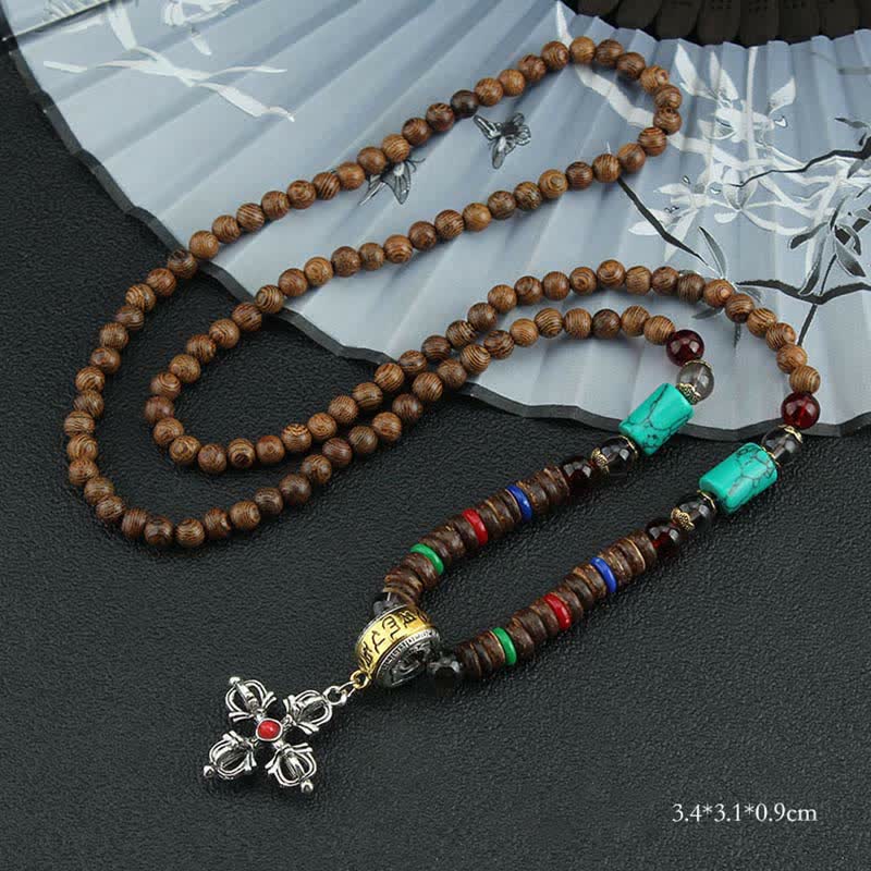 Buddha Stones Tybetańskie Om Mani Padme Hum Modlitewne Koło Obrotowe Naszyjnik Wisiorek z Drewna Vajra - Czerwony Krzyż Wadżra - image 27