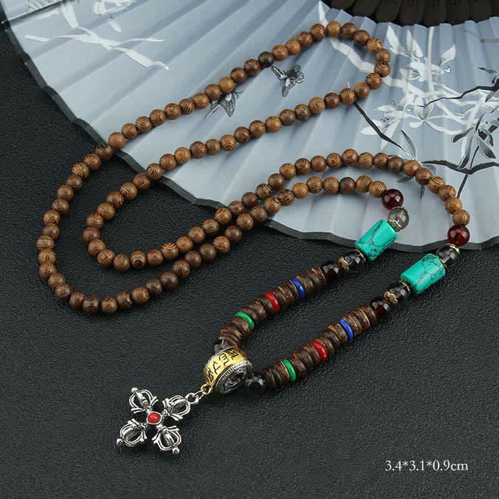 Buddha Stones Tybetańskie Om Mani Padme Hum Modlitewne Koło Obrotowe Naszyjnik Wisiorek z Drewna Vajra - Czerwony Krzyż Wadżra - image 27