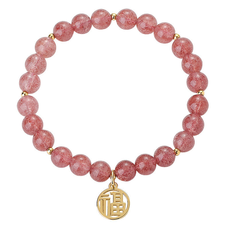 Bransoletka z Buddha Stones 14K pozłacana kwarcem truskawkowym Fu Character Healing Charm