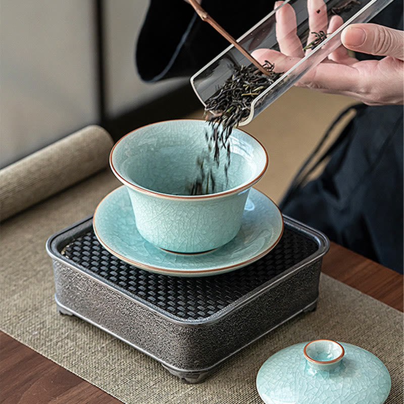 Buddha Stones Retro Zielony Lodowy Glazura Ceramiczny Gaiwan Sancai Filiżanka Kung Fu Filiżanka I Spodek Z Pokrywką