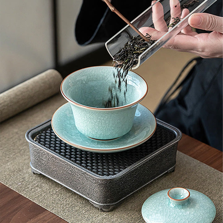 Buddha Stones Retro Zielony Lodowy Glazura Ceramiczny Gaiwan Sancai Filiżanka Kung Fu Filiżanka I Spodek Z Pokrywką