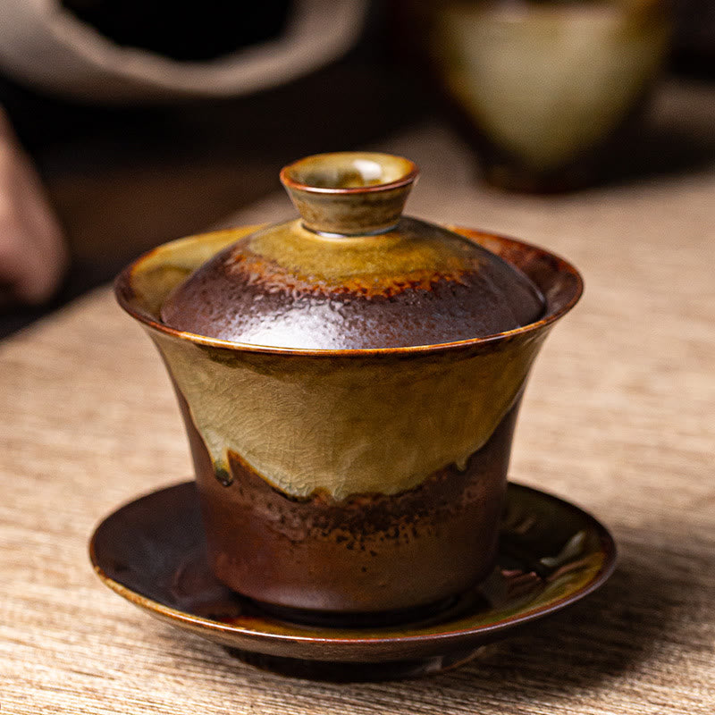 Buddha Stones Vintage Brązowy Piec Zmiana Projektu Porcelana Ceramiczna Gaiwan Sancai Filiżanka Kung Fu Filiżanka I Spodek Z Pokrywką