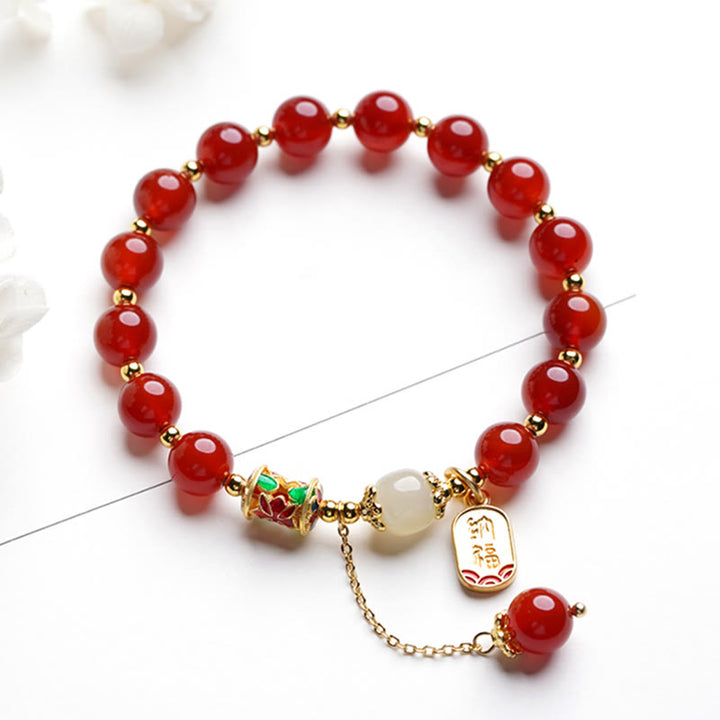 Buddha Stones Naturalny Czerwony Agat Hetian Jade Fu Charakter Pewność Bransoletka Charm