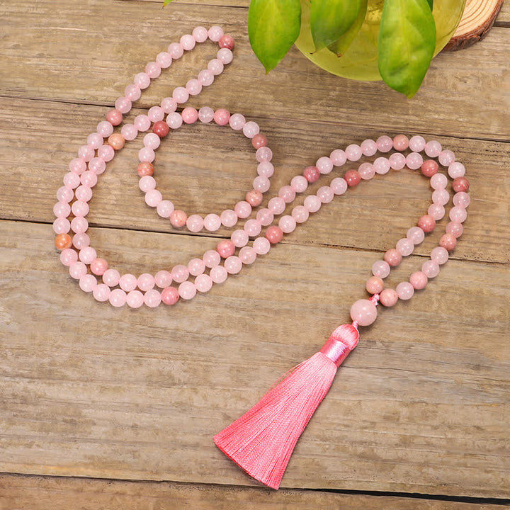 Buddha Stones 108 Mala Beads Różowa Kryształowa Bransoletka z Chwostem Miłości
