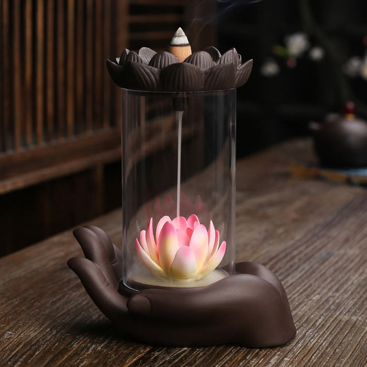 Buddha Stones Ręka Buddy Lotos Oświecenie Światło LED Fioletowa Glina Ceramiczna Kadzielnica Dekoracja