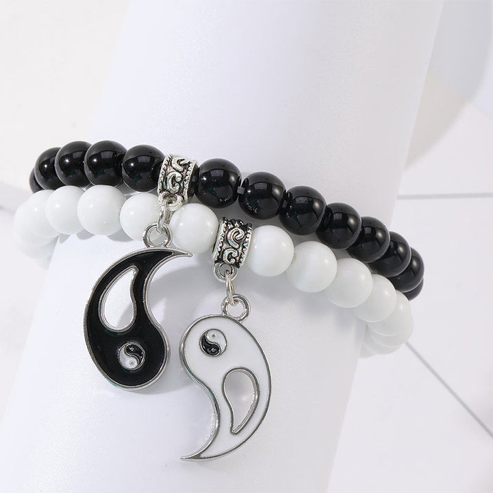 Buddha Stones 2szt. Czarny Onyks Biały Turkus Koralik Yin Yang Ochrona Para Bransoletka