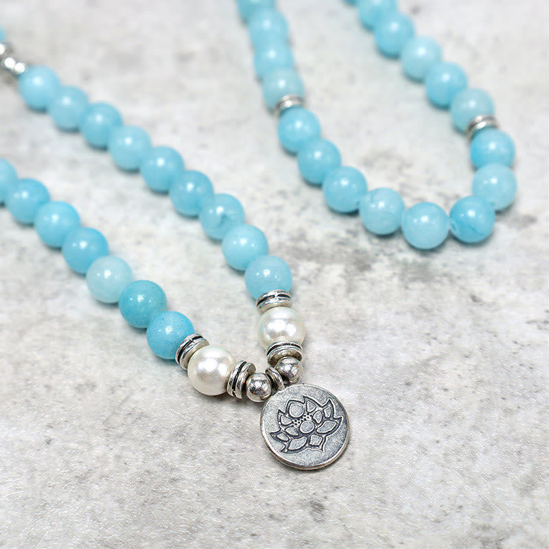Buddha Stones Naturalny Kamień Amazonitowy Uzdrawiająca Bransoletka Lotos Mala